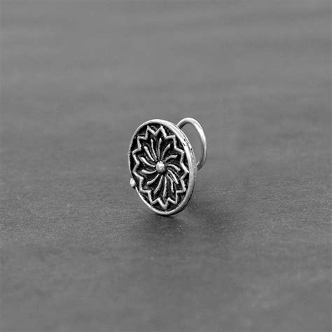 Silver Patterned Round Wired Nose Pin For Pierced Nose Beatnik