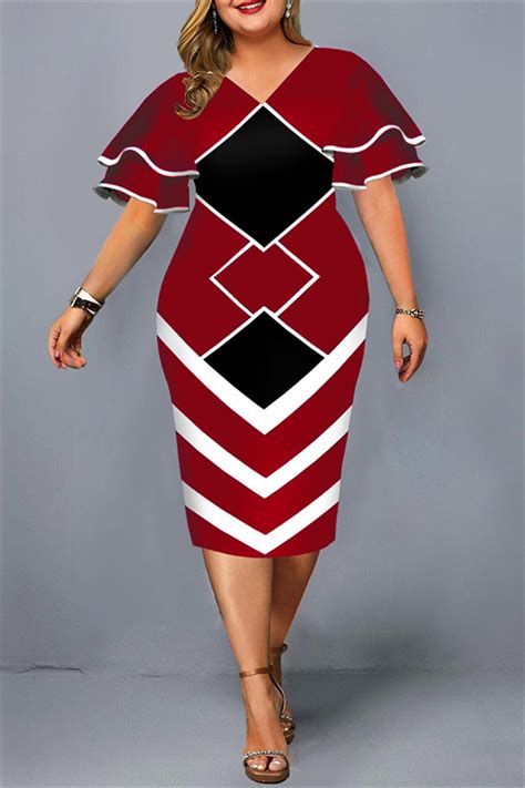 Red Fashion Casual Plus Size Print Basic V Neck Short Sleeve Dressplus Size Dresses