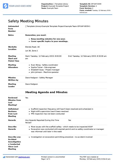 Minutes Of Health And Safety Meeting Template