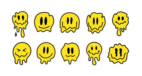 Hand drawn melting smiley faces set doodle drawings funny melted smile ...