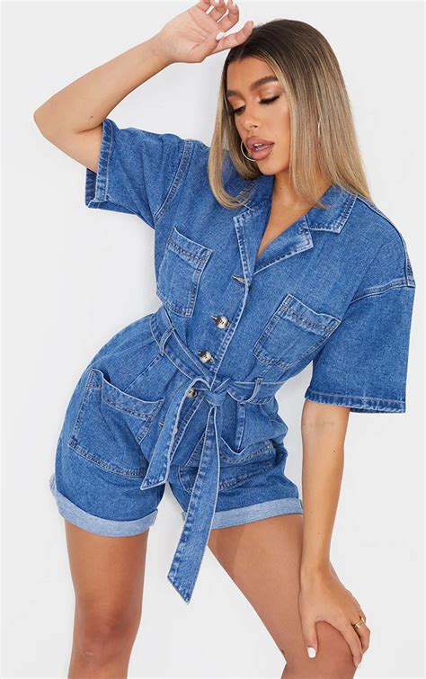 Mid Blue Wash Tortoise Button Denim Playsuit Denim Playsuit Playsuit