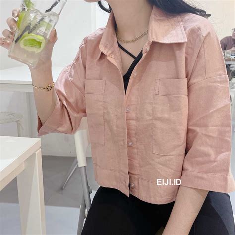 Jual Kemeja Crop Linen Oversize Kemeja Shirt Linen Outer Crop Shopee