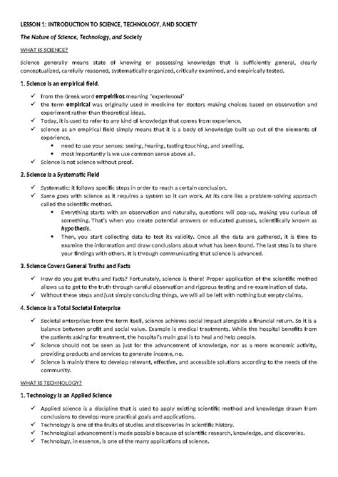 Sts Reviewer LESSON 1 INTRODUCTION TO SCIENCE TECHNOLOGY AND