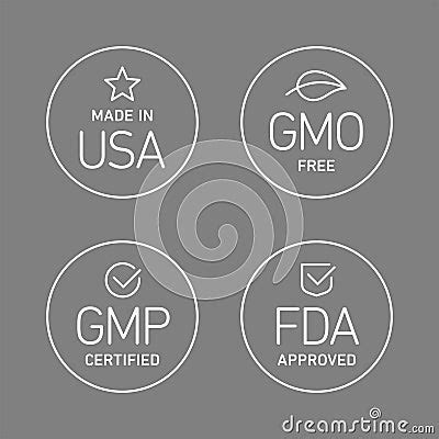 Four Product Badges Made In Usa Gmo Free Good Manufacturing Practice