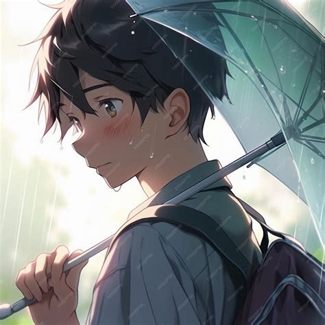 Premium Photo | Anime boy with umbrella in the rain generative ai