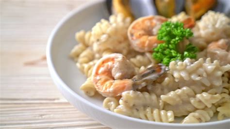 Spiral Pasta Mushroom Cream Sauce With Seafood Italian Food Style