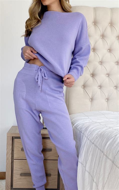 Lilac Slash Neck Knitted Set Knitwear Knit Set Slash Neck Knitwear