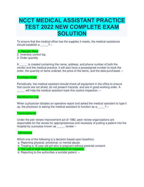 Ncct Medical Assistant Practice Test New Complete Exam Solution