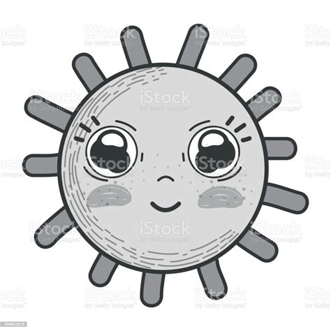 Grayscale Kawaii Happy Sun With Cute Eyes And Cheeks Stock Illustration Download Image Now