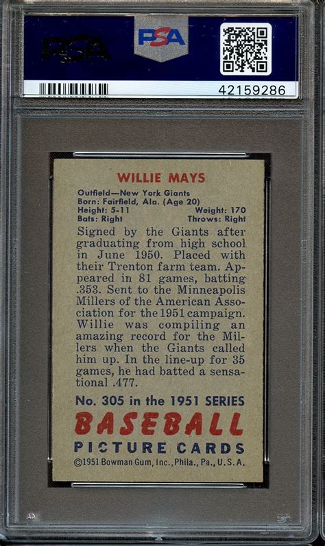 Lot Detail 1951 BOWMAN 305 WILLIE MAYS RC PSA NM 7