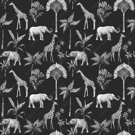 Watercolor Seamless Patterns With Safari Animals And Palm Trees