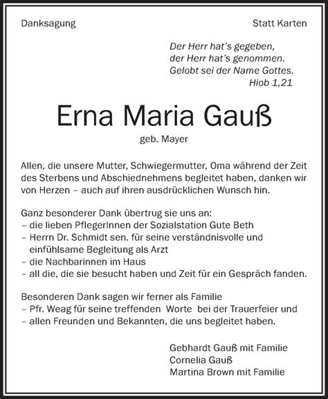 Traueranzeigen von Erna Maria Gauß schwaebische de Trauerportal