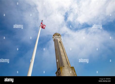 San Francisco Prison Alcatraz American Flag Waving And Lighthouse