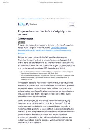 Proyecto de clase sobre ciudadanía digital y redes sociales pdf