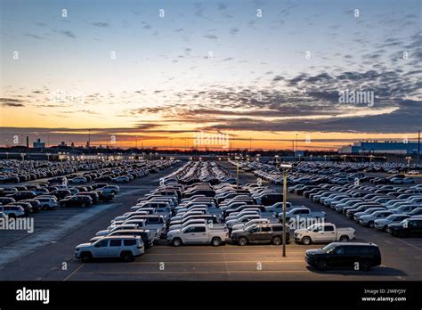 Detroit Michigan New Cars And Pickup Trucks Parked At Stellantis