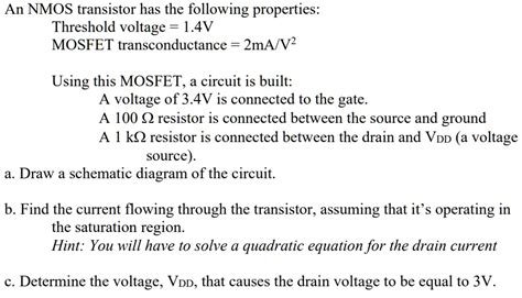 Solved An Nmos Transistor Has The Following Properties Threshold Voltage 14v Mosfet