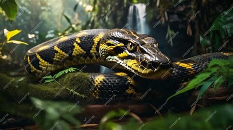 Premium AI Image | Giant anaconda yellow eyes stalking prey