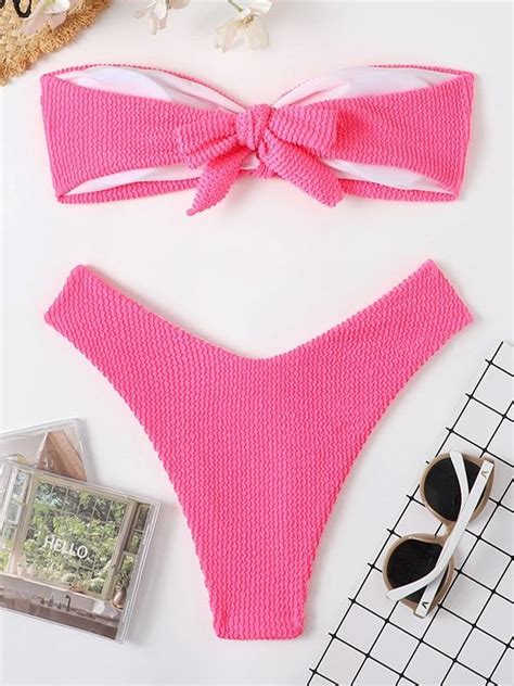 Emmiol Free Shipping 2024 Smocked Bandeau Bikini Set Pink S In Bikini