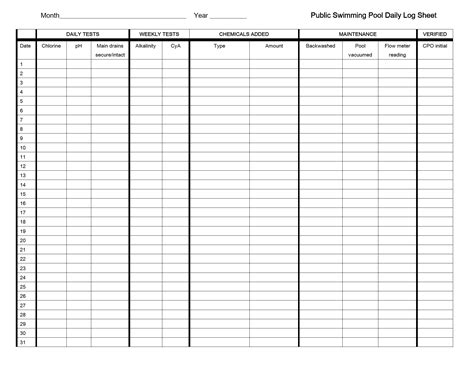 Printable Pool Chemical Log Template Free Printable