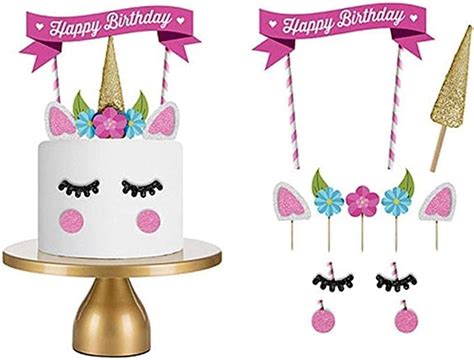 Aiwanto 5 Set Unicorn Birthday Cake Topper Flower Eyelashes Happy