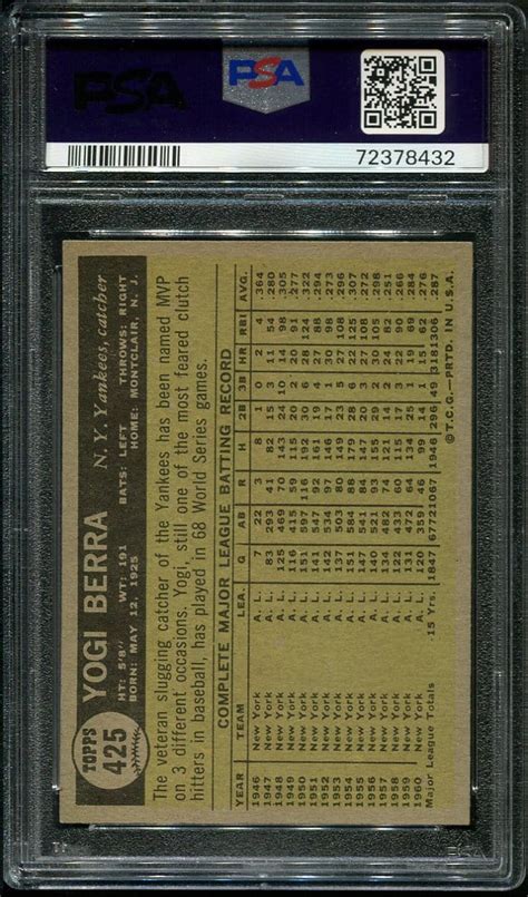 Very Nice Centered Topps Yogi Berra Psa Hof