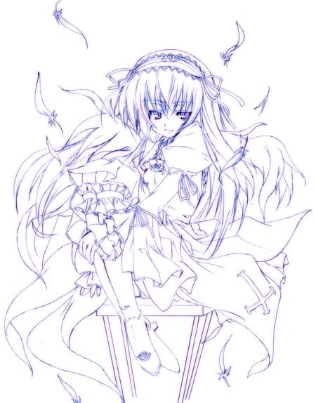 Safebooru 00s 1girl Frills Headband Long Hair Monochrome Purple Ribbon Rozen Maiden Sketch