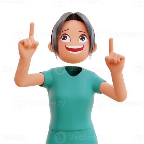 Cute Nurse Smiling Pointing Fingers Up Wearing Hospital Uniform