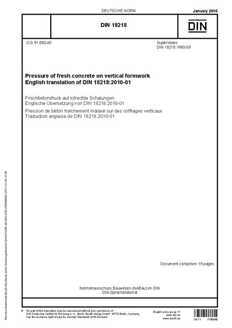 DIN EN 18218 2010 01 Pressure Of Fresh Concrete On Vertical Formwork