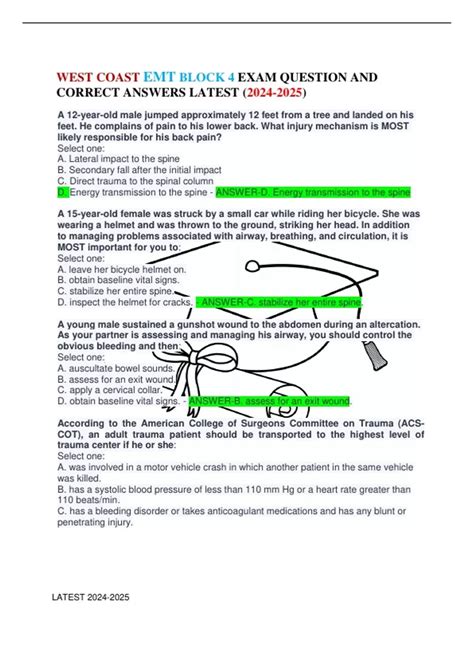 WEST COAST EMT BLOCK 4 EXAM QUESTION AND CORRECT ANSWERS LATEST