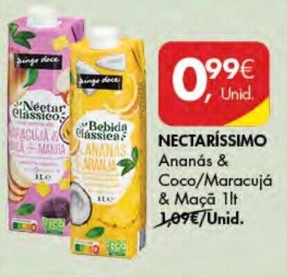 Promoção NECTARÍSSIMO Ananás Coco Maracujá Maçã 1lt em Pingo Doce