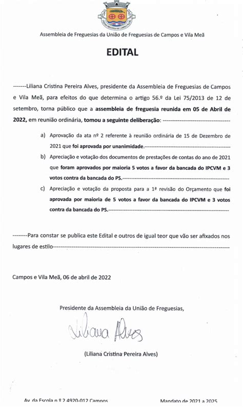 Atas Da Assembleia De Freguesia Freguesia De Campos E Vila Me