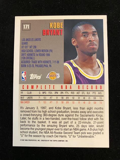 Lot - (Mint) 1997-98 Topps Kobe Bryant #171 Basketball Card (2nd Year ...