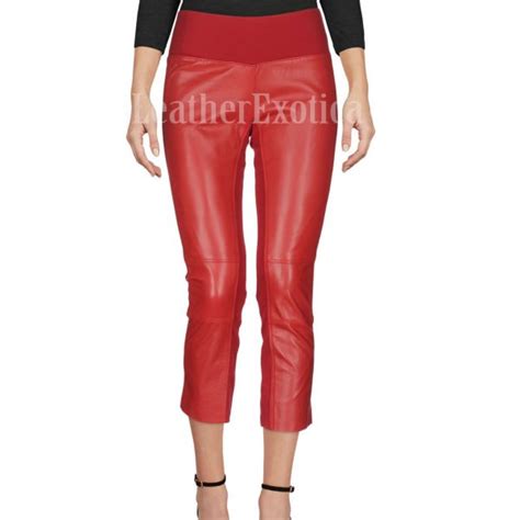 Rib Waist Red Women Leather Pants Leatherexotica