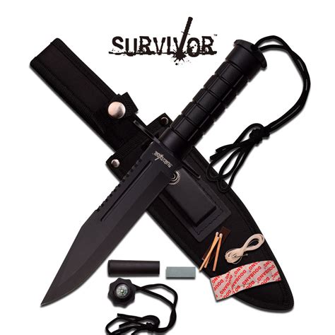 Survivor Hunting Knife Black Tactical Rambo Style W Survival Kit