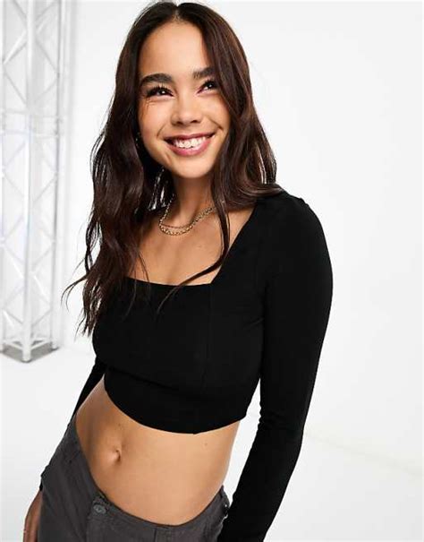 Asos Design Square Neck Crop Top With Seam Detail In Black Asos