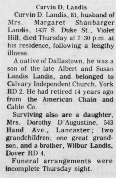 Curvin D Landis Obituary