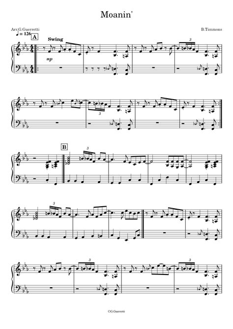 Moanin Bobby Timmons Sheet Music For Piano Solo Easy