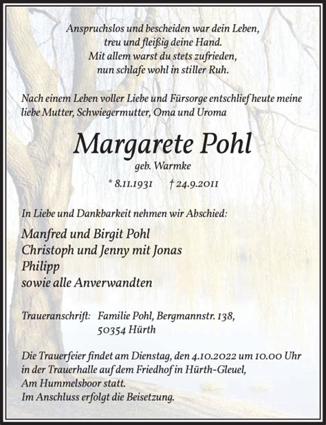 Traueranzeigen Von Margarete Pohl Wirtrauern