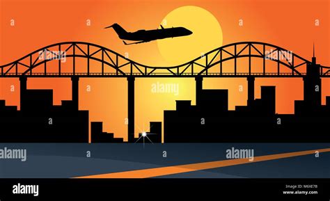 Background Scene With Airplane Flying Over City Buildings Illustration