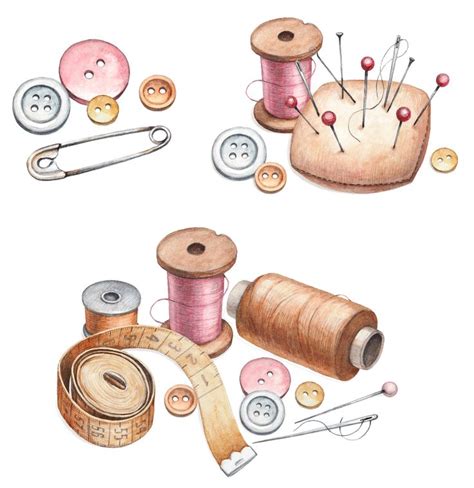 Watercolor Painting Of Sewing Supplies Including Thread Needles And