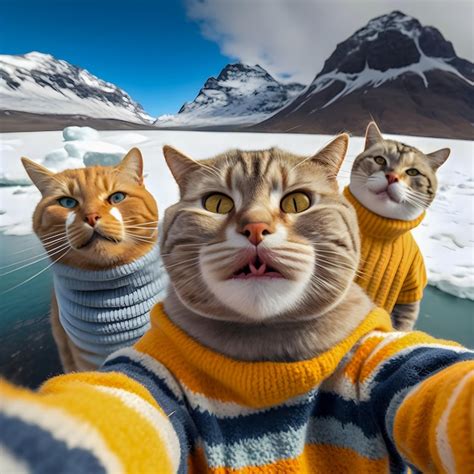 Gatos Amigos Haci Ndose Un Selfie Durante Un Viaje De Invierno Foto