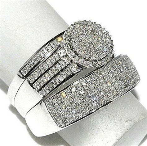 Engagement Bridal Trio Ring Set His Her Diamond Wedding Ring Bands Trio Bridal Ring Set 14k