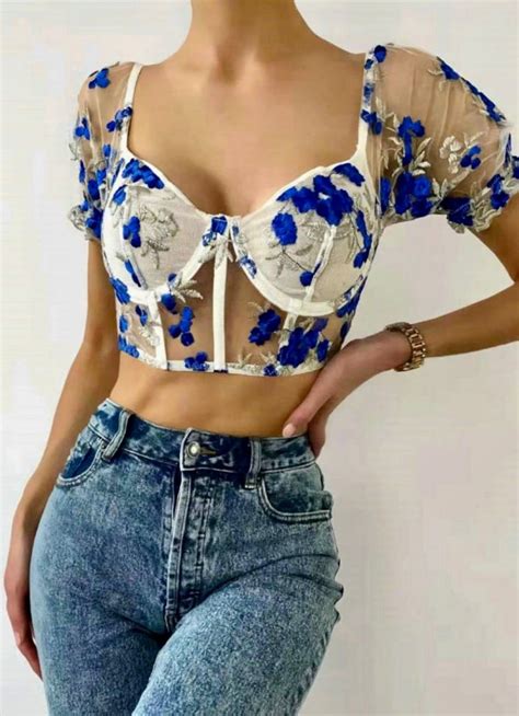 White Blue Floral Embroidered Mesh Crop Top Women S Fashion Tops