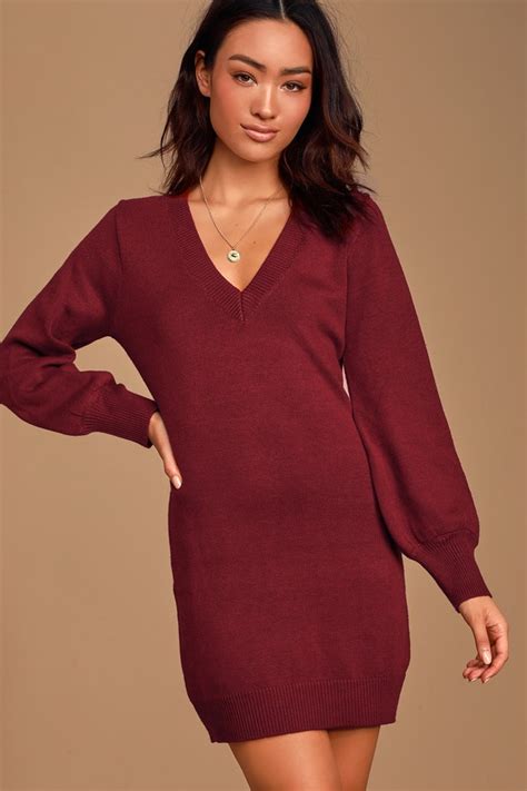 Wine Red Sweater Dress V Neck Sweater Dress Long Sleeve Dress Lulus