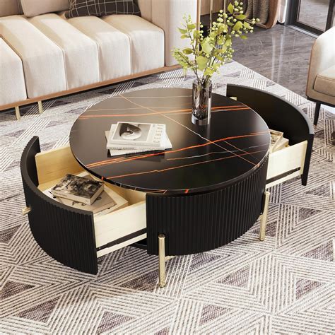 Merax Modern Round Coffee Table Set With 2 Large Drawers Storage Golden Metal Leg