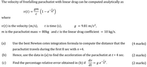 Solved The Velocity Of Freefalling Parachutist With Linear Chegg