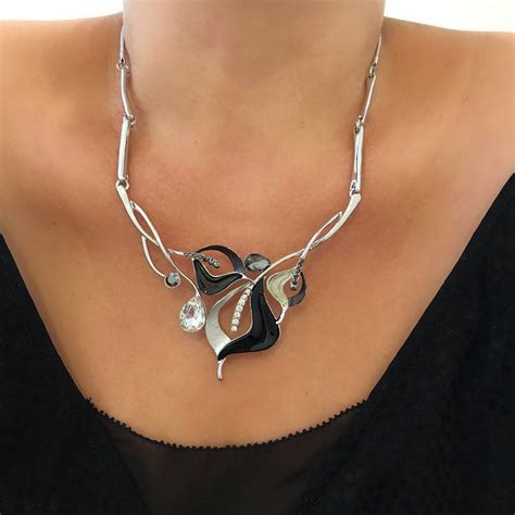 Silver And Black Statement Necklace Necklaces For Women Flower Etsy