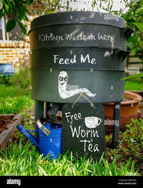 Worm Farm Wormery Compost Bin In Organic Garden With Sign For Free