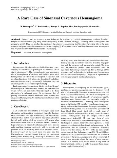 PDF A Rare Case Of Sinonasal Cavernous Hemangioma Sapubarticle