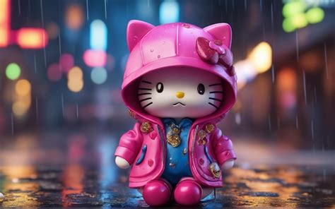 Premium Photo | Cue cat character Hello kitty with pick suit under rain